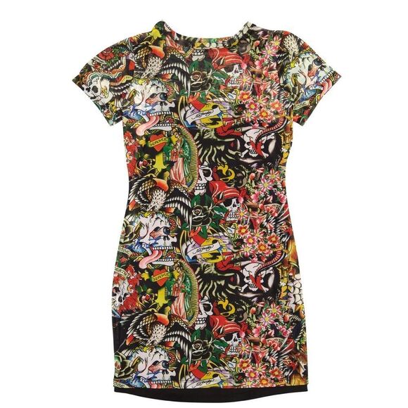 Ed Hardy Dresses & Skirts - Ed Hardy Multicolor Tattoo Art Collage Print Mini Mesh Short Sleeve Tee Dress